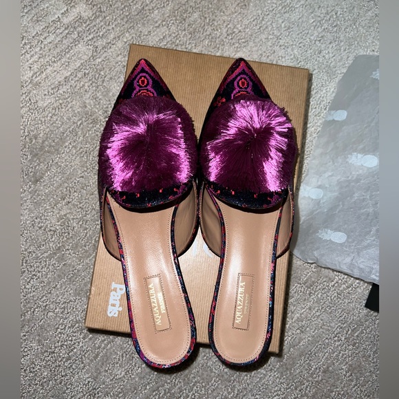Size 41 - Aquazzura Powder Puff Pompom embellished Metallic Jacquard Mules - Picture 7 of 15